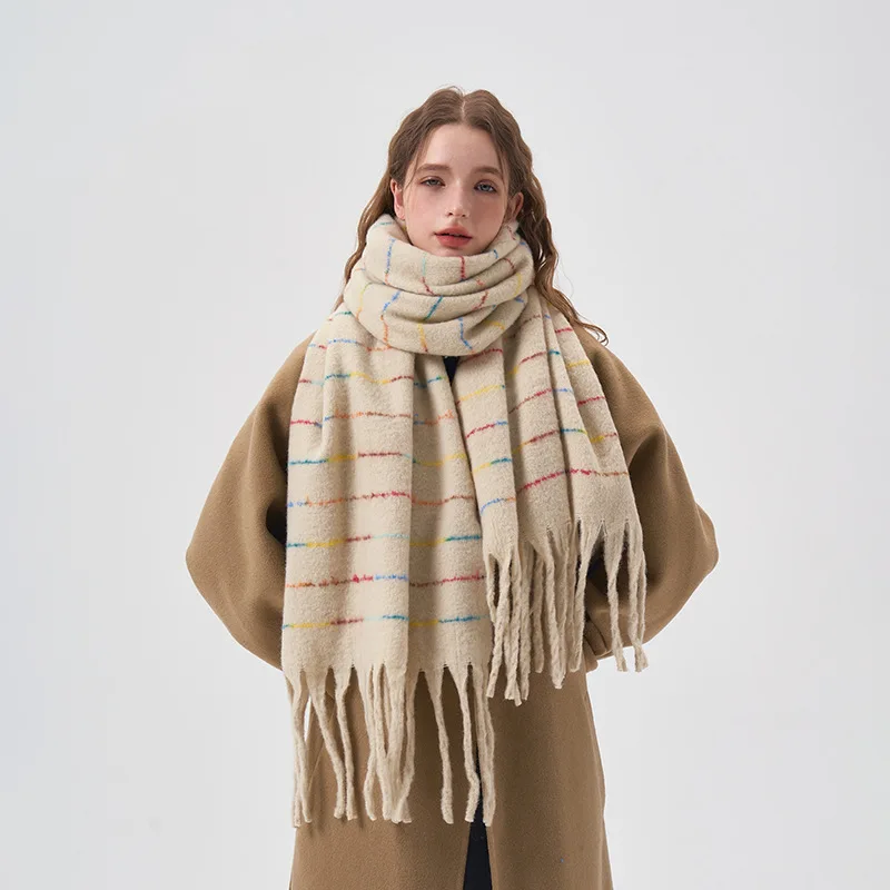 2023 Winter Plush  Thickened  Keep Warm Gradient Simple Color Colored Stripe Scarf Retro Tassel Women Collar Shawl Long Scarf