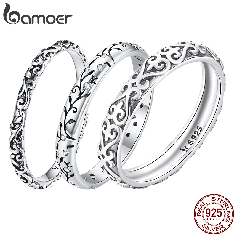 BAMOER Vintage 925 Sterling Silver Embossed Vintage Pattern Ring for Women Simple Silver Ring Fine Jewelry Luxury Brand Gift