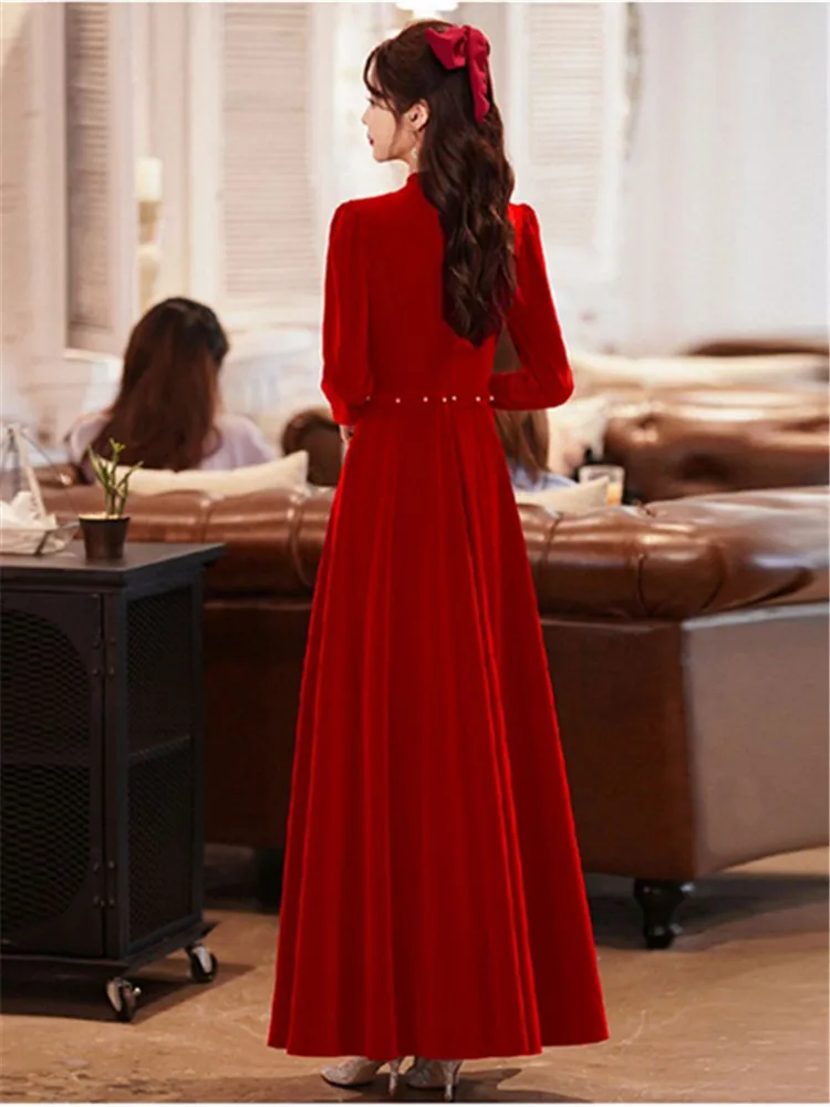 Pearl Velour Chinese Wedding Party Dress Burgundy Pleated Celebrity Evening Banquet Gown Sexy Cheongsam Mandarin Collar Vestidos