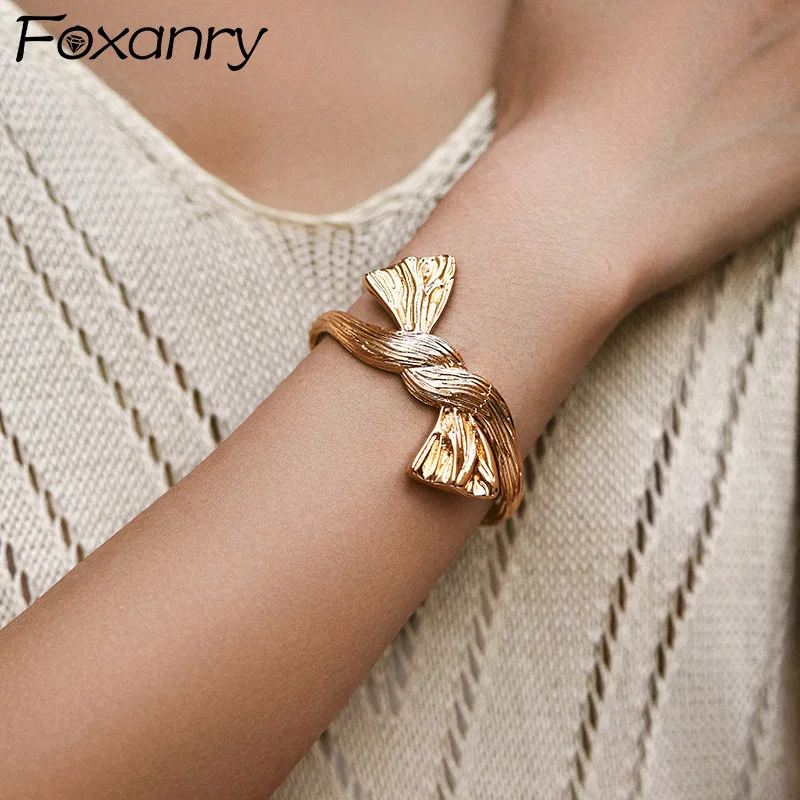 Foxanry Gold Color Texture Bowknot Geometric Cuff Bracelets For Women Girls Creative Vintage Elegant Wedding Bride Jewelry Gifts