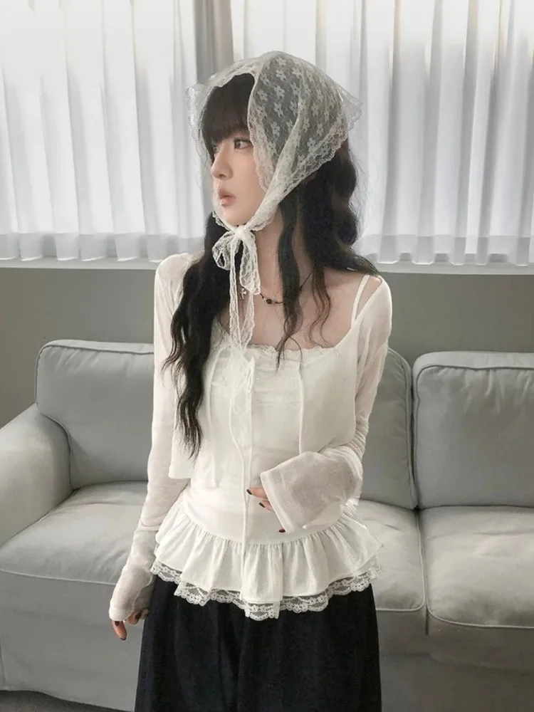 

Sweet Bow Lace Up Long Sleeve Cardigan Coat Women+ White Slim Fit All-match Camisole Vest 2025 Summer New Two Piece Sets