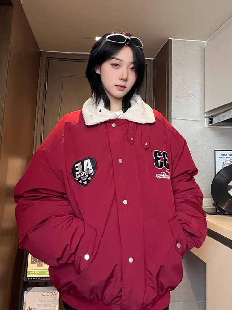 

Lamb Fur Collar Thiened Cotton Jaet Men's Baseball Sle Pilot Coat Winter Warm Long Sve Zipper Closure Geometric Pattern