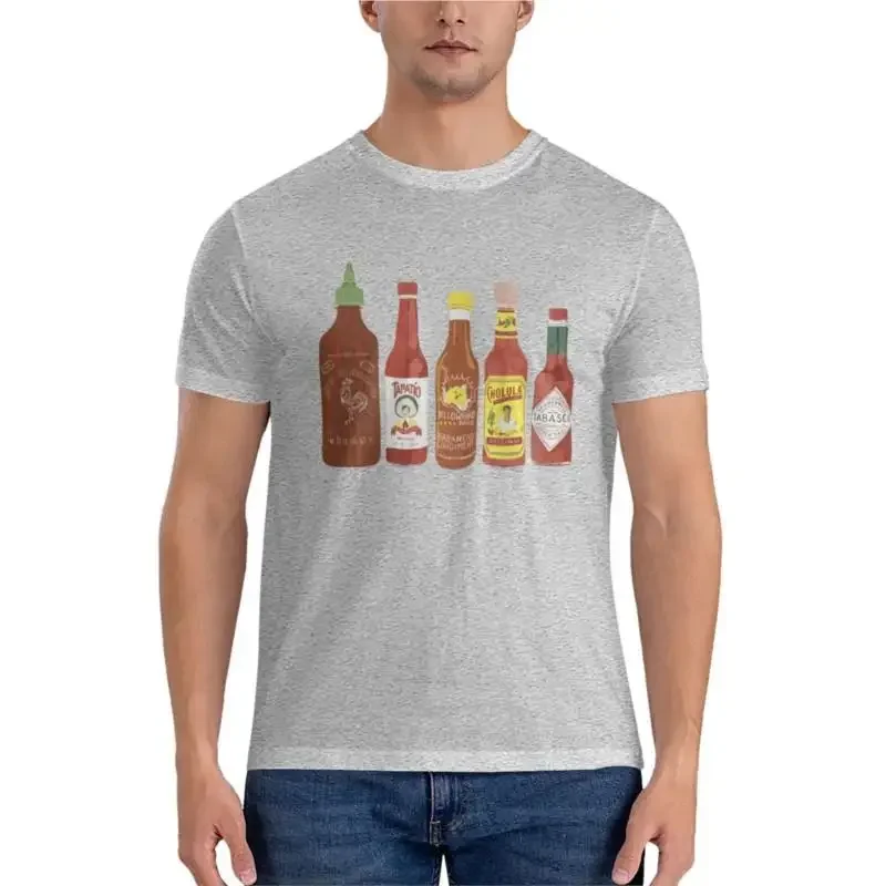 Plain white t shirts men fruit of the loom mens t shirtsSpicy! Check out these hot sauces on black background Classic T-Shirt