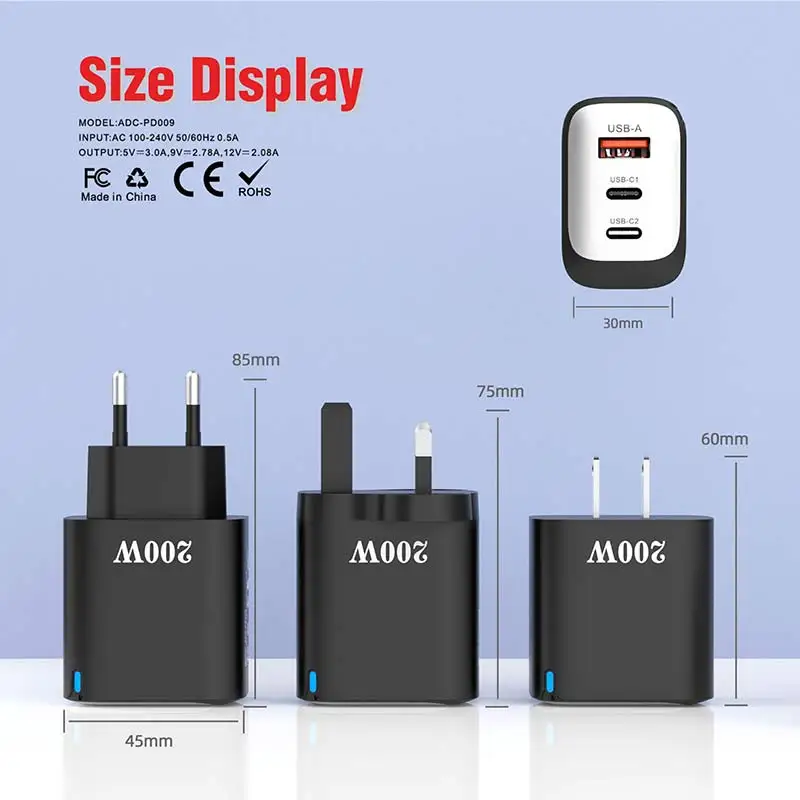 200W 1 USB+2 Type-C 3 Ports Fast Charger Phone Power Adapter EU/US/UK Plug Wall Charger For Xiaomi iPhone Samsung Huawei/Tablets - náhled 6