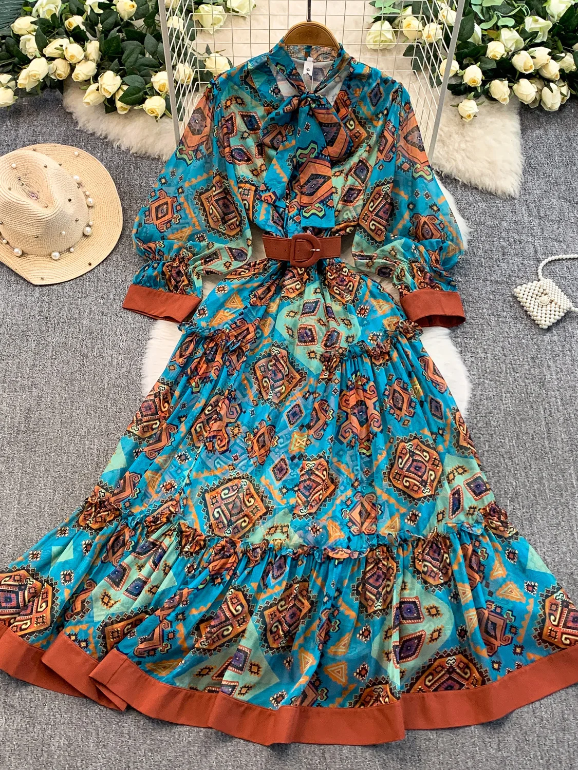 

Ele V-ne Chiffon Print Knot Long Dr Women's Autumn Winter Slimming A-line Skirt Ci Commute Suitable