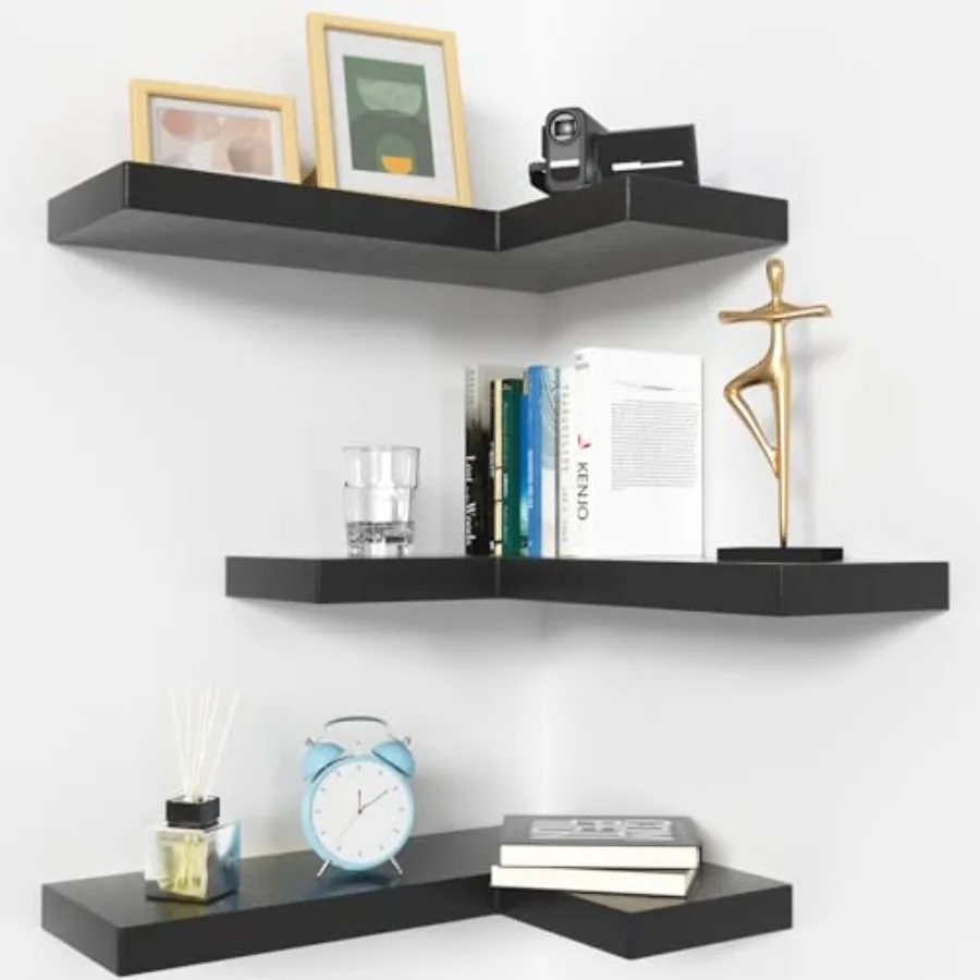 

Corner Floating Shelves with Invisible Brackets, Corner Shelves Wall Mounted Set of 3, Bedroom Bathroom Kitchen Living Room Off