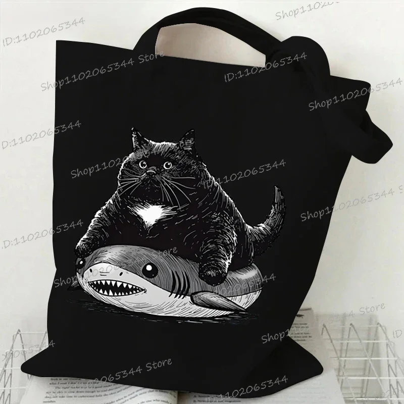 Women's Tote Bag Fat Cat on A Flamingo Duck Floatie Print Handbag Fashion Black Cat Convenient Practical Shoulder Commuter Bag