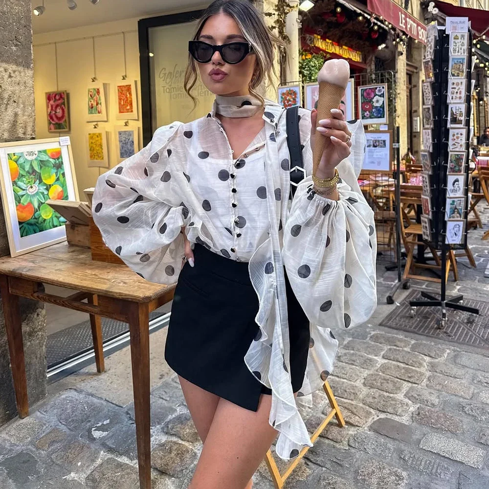 Ticketsx Polka Dot Rüschenhemden Mode Kontrast Schnürung Durchsichtige Knopfbluse Top Elegantes Party High Street Damenhemd – Detail 13