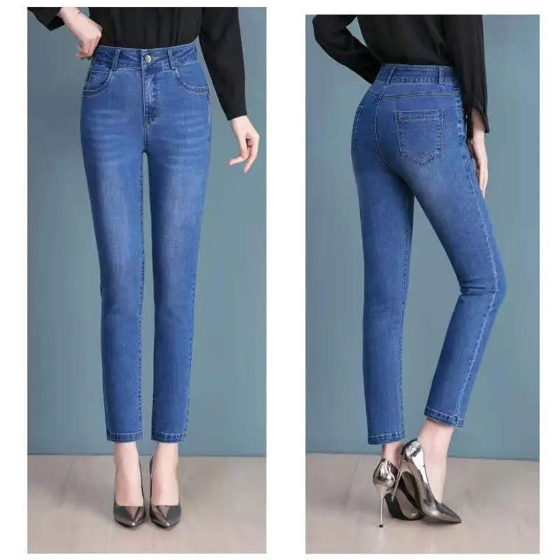 2023 neue Winter und Herbst Frauen Baumwolle blau lässige Jeans Mode warme Damen hohe Taille Jeans Frauen Hosen