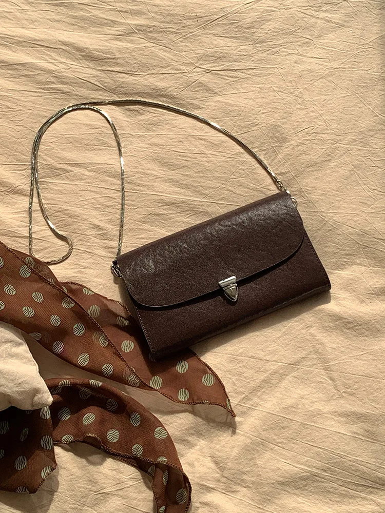 FIRMRANCH Top Layer Cowhide Vintage Leisure Mini Square Bag Exquisite Silver Snakebone Chain Women's Cross-Body Envelope Purse
