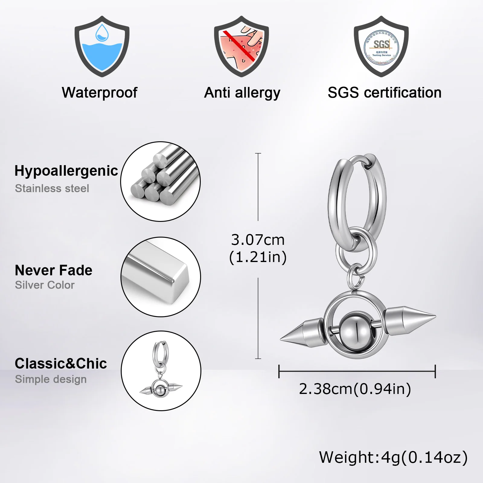 Neue Punk-Nieten-Creolen für Männer und Jungen, Hypoallergene Edelstahl-Creolen, Durchstechbare Ohrringe Schmuck – Detail 1