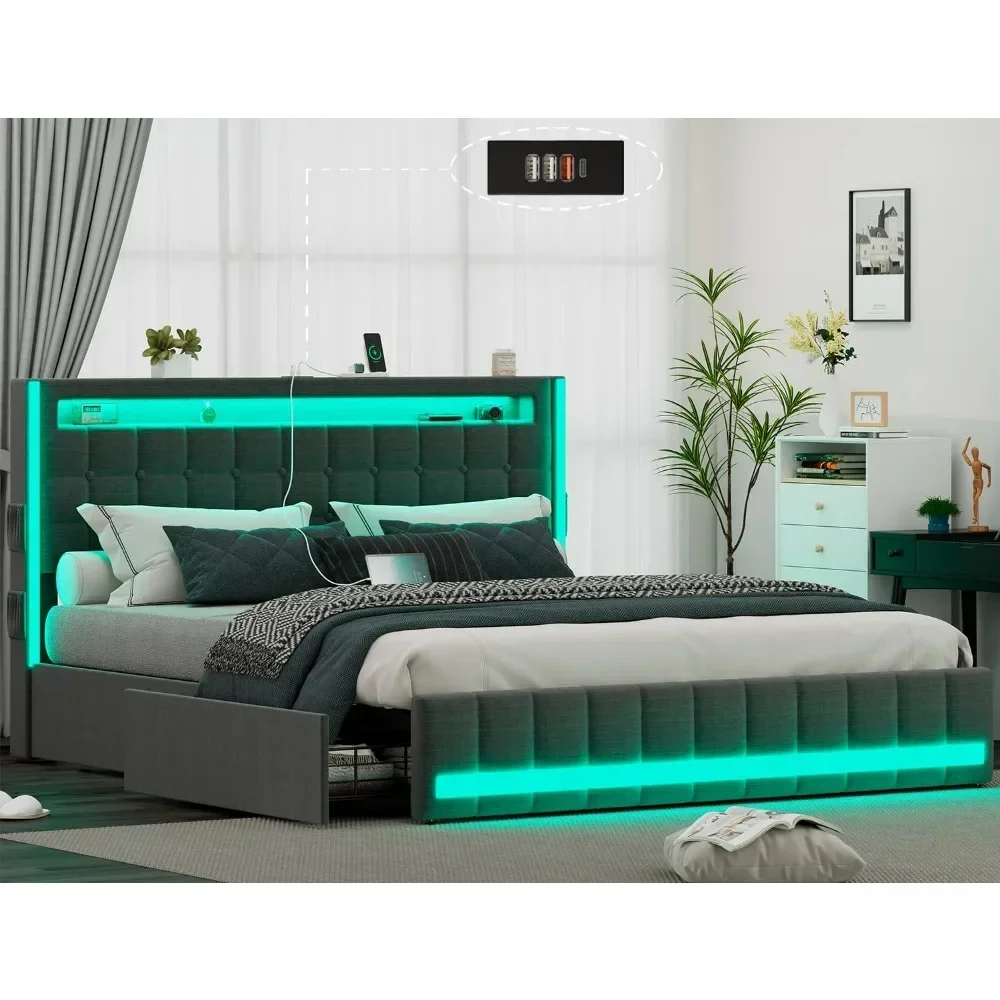 Upholstered Full Size Bed Frame with 4 Storage Drawers, RGB LED Light,Charging Station, Adjustable Headboard, Slats Support