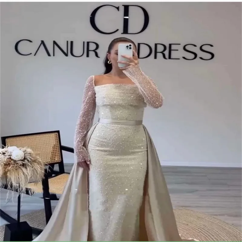 Luxuriöse Abendkleider Robes De Soirée, trägerlos, mit Pailletten, individuell gestaltet, lange Ärmel, lila, elegantes Abendkleid, Hochzeitsfeier