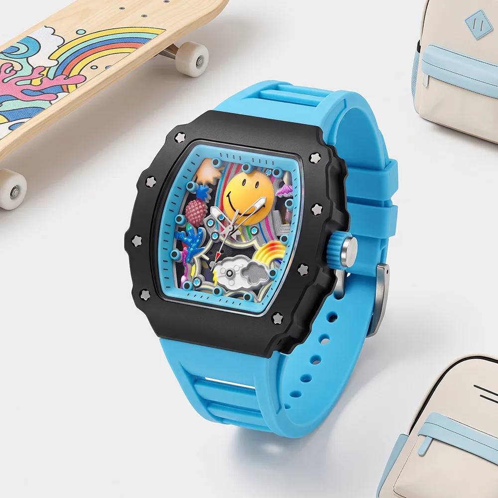 Men's Wine Barrel Quartz Watch with Smiling Hollow Silicone Men's Watch