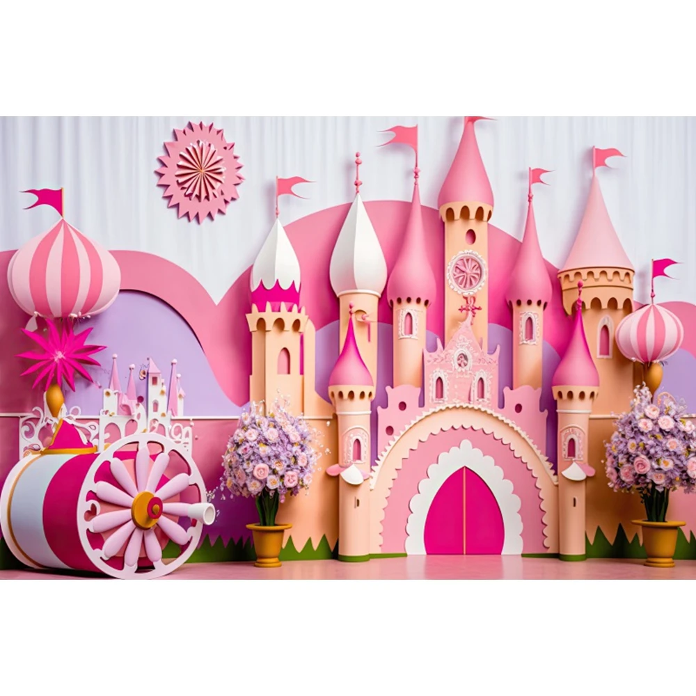 Pink Castle Princess Girl Birthday Party Photography Backdrop Flower Rainbow Butterfly Dreamy Baby Shower Photo Background Props