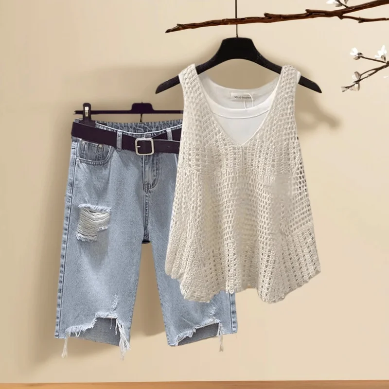 

Ранняя осень Design Sense Женский модный ажурный жилет и джинсовый комплект из футболок, повседневный комплект, круглый, Ne ort...