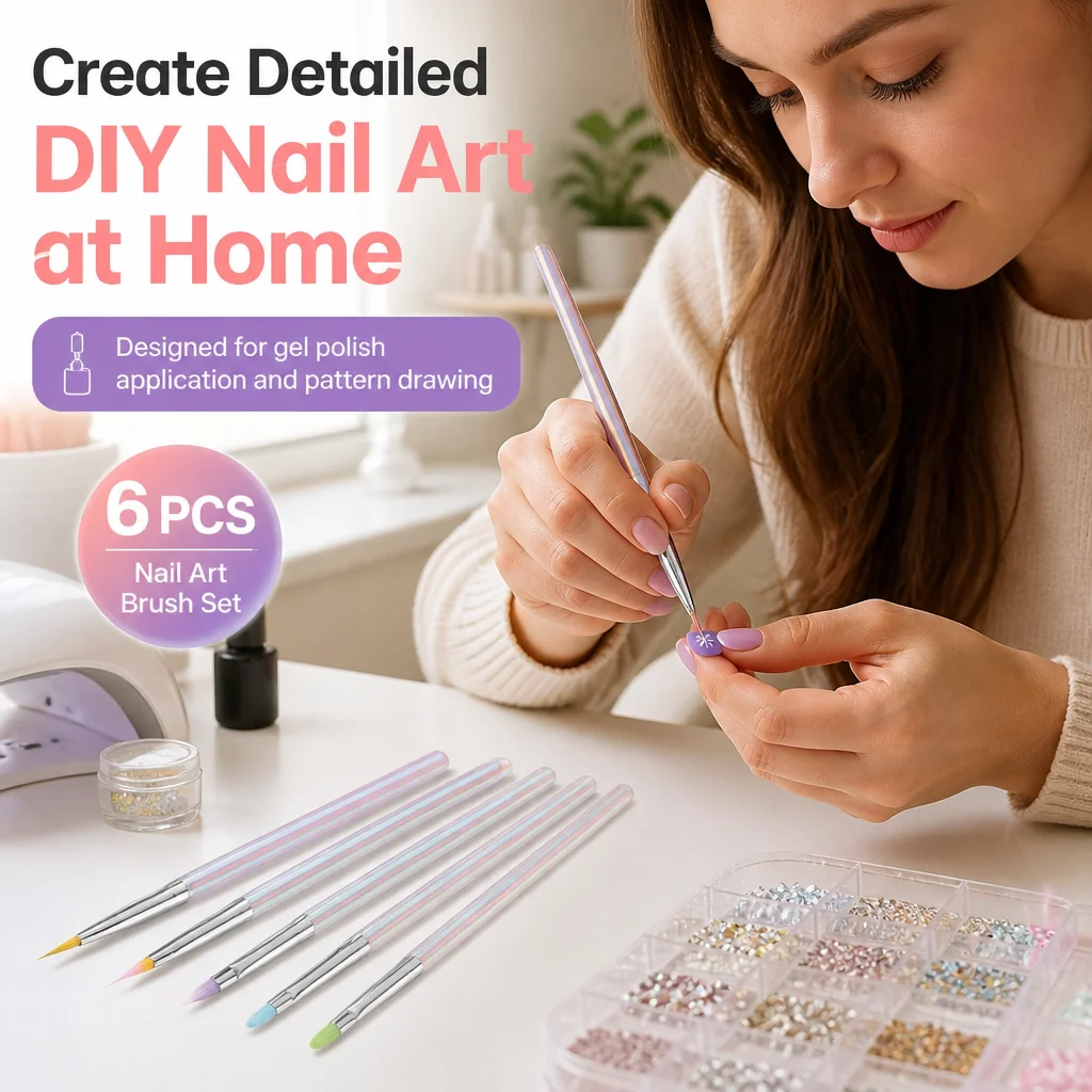 6Pcs Nail Art Brush Set UV Gel Liner Detailing Ombre Building Brushes Aurora Handle Rainbow Bristles for Salon Home DIY