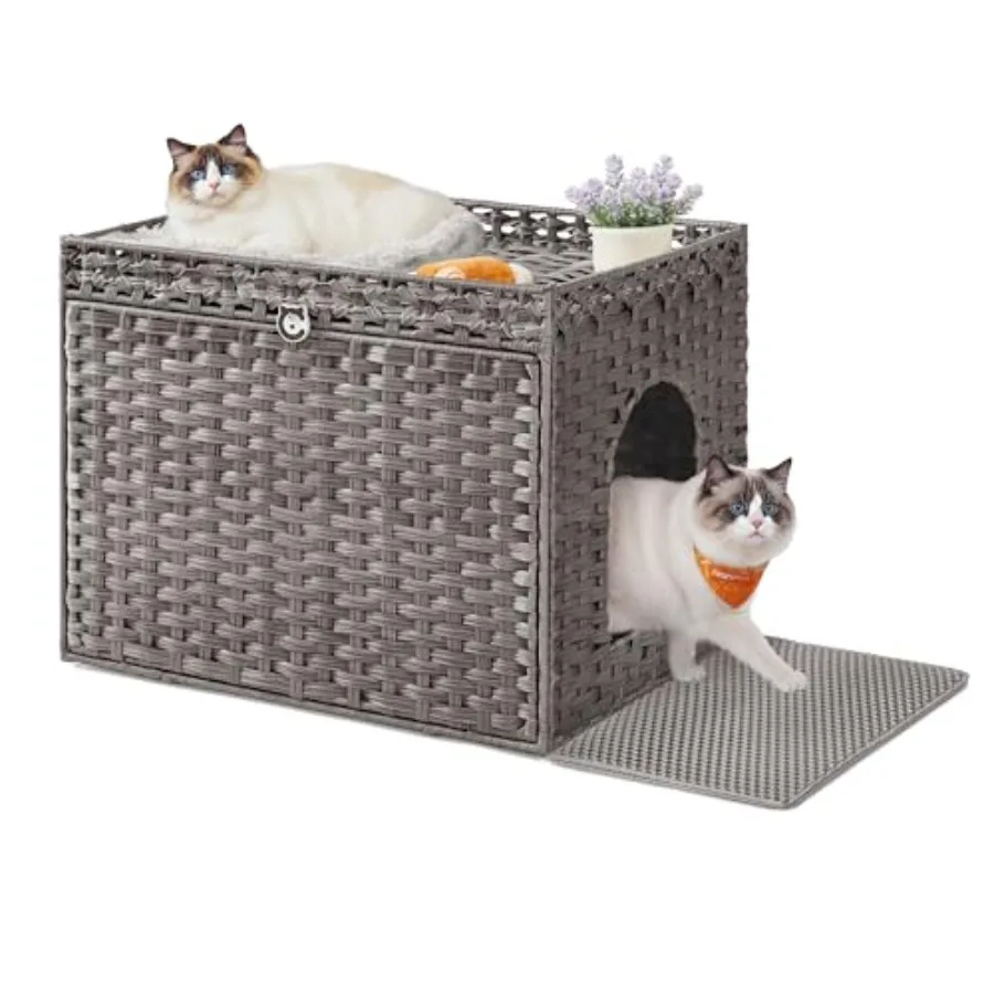 

Cat Litter Box Enclosure Handwoven Rattan Hidden Litter Box Furniture with Extra Litter Mat Removable Washable Tray Boho Cat Ho