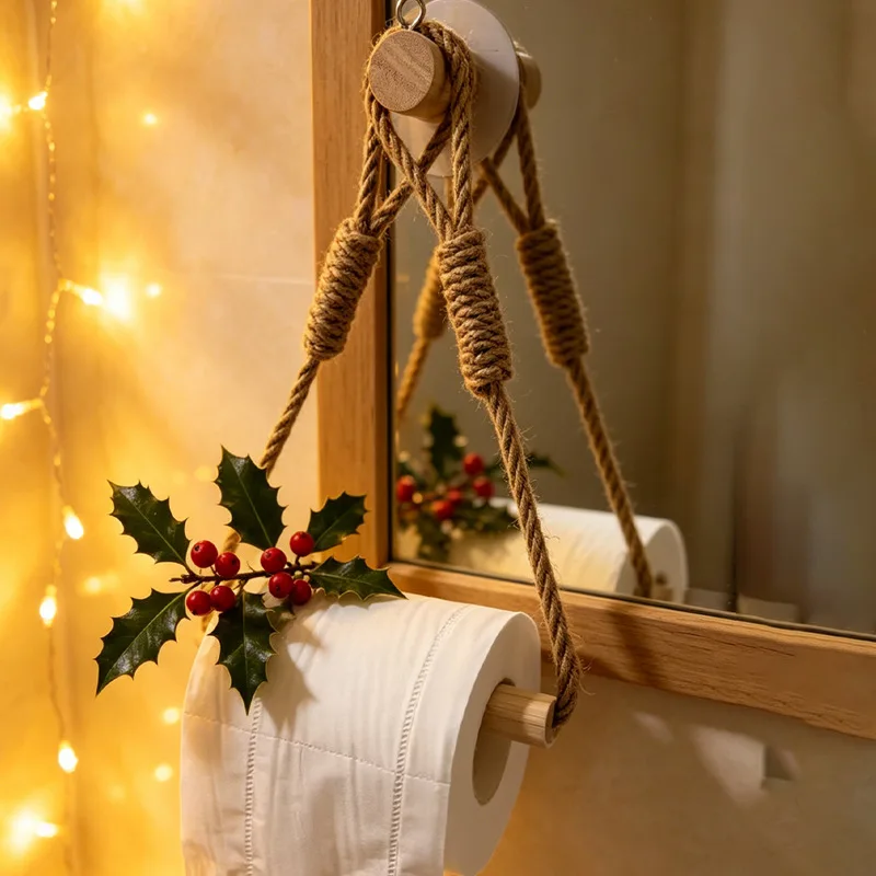 Wooden Dowel Paper Holder Handmade Rod Hemp Rope Tissue Holder, Creative Wall Mount Toilet Roll & Towel Hanging Rack