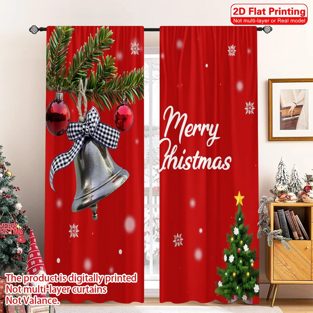 2pcs 2D flat printing Christmas Party Curtain Merry Christmas Bell Ornament Fabric Without Electricity Festive Holiday Perfect
