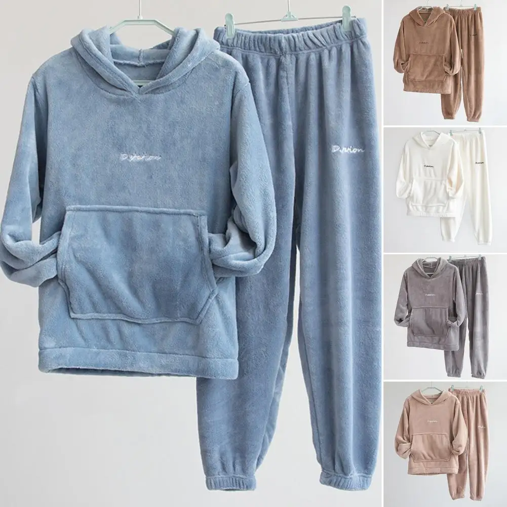 

2Pcs/Set Hooded Long Sleeves Pocket Elastic Waistband Loose Flannel Pajamas Women Winter Letter Print Plush Sweatshirt Pants Set