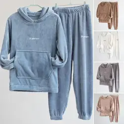 2Pcs/Set Hooded Long Sleeves Pocket Elastic Waistband Loose Flannel Pajamas Women Winter Letter Print Plush Sweatshirt Pants Set