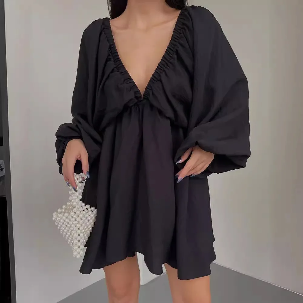 Women Dresses Puff Sleeve Solid V Neck Mini Dress Spliced Loose High Waist A Line Slight Strech Casual Vestidos Summer