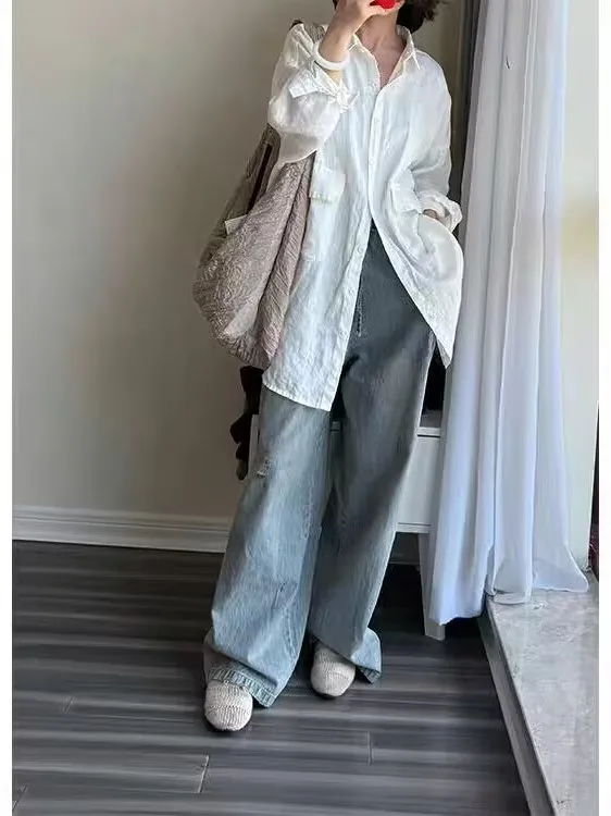 Linen White Casual Shirt Women's Mid-Length Loose Open Cardigan Versatile Comfortable Long Sleeve Top for Autumn view 3