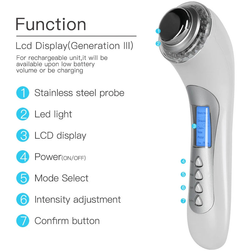 Ultrasonic High Frequency Massager Facial, Sistema de Renovação Da Pele, Beauty Care Tool, Ion LED Photon, Handheld Pessoal, 5 em 1