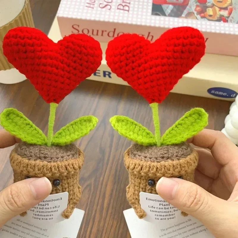 Positive Energy Hug Pocket Heart Flower Potted Plants Handmade Plush Wool Knitting Doll With Card Ornament Gift Home Room Decor