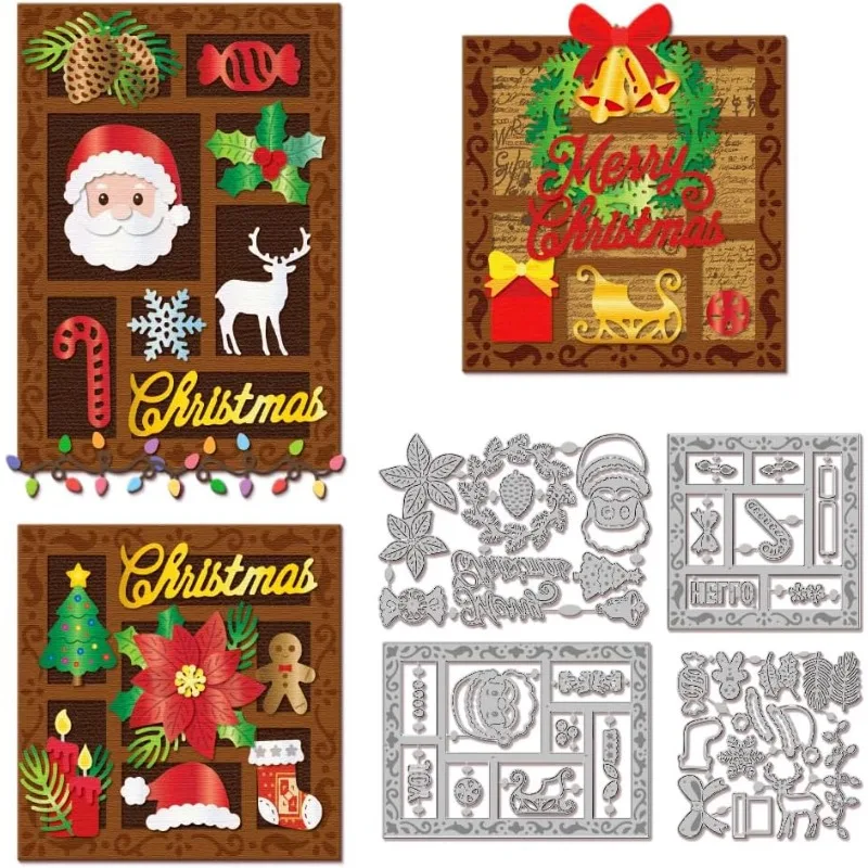 

4pcs Christmas Frame Cutting Dies for Card Making Santa Claus Poinsettia Metal Die Cuts String Lights Cutting Dies Templates