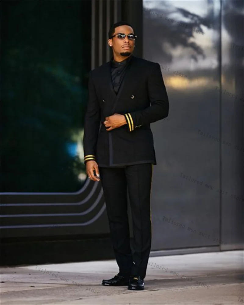 Black Men Suits Set 2 Pieces Blazer+Pants Trousers Gold Stripe Autumn Wedding Tuxedos Jacket Formal Office Business Prom Coat