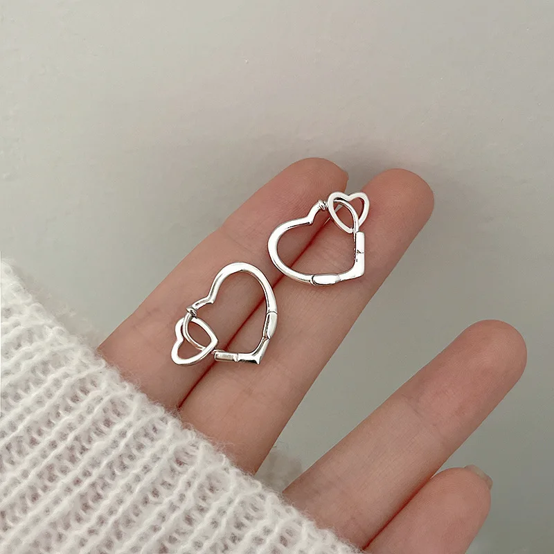 925 Silver Needle Double Love Heart Hoop Earrings for Women Girls Elegant Fashion Wedding Party Punk Jewelry e775