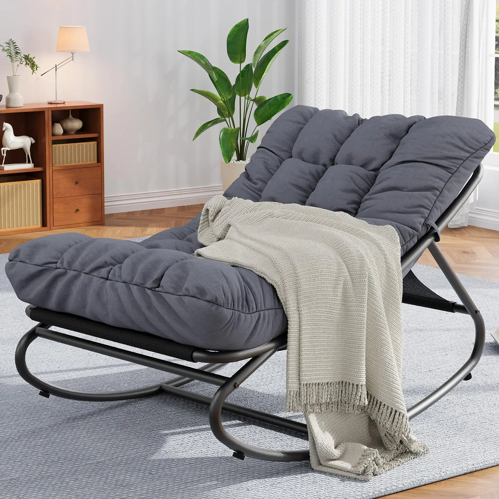 Oversized Patio Rocking Chair - Heavy Duty Metal Lounge Rocker, 400 lbs Capacity, Thick Cushions, Weather-Resistant, Comfortable Indoor & Outdoor Recliner for Porch, Garden, Backyard, Balcony, Grey