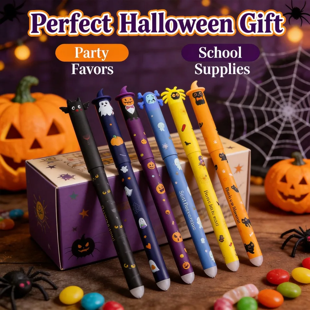 Lot de 1 à 6 stylos gel effaçables Halloween, ensemble de stylos rétractables à clic de 0,7 mm, motifs fantômes, citrouilles et chauves-souris mignons
