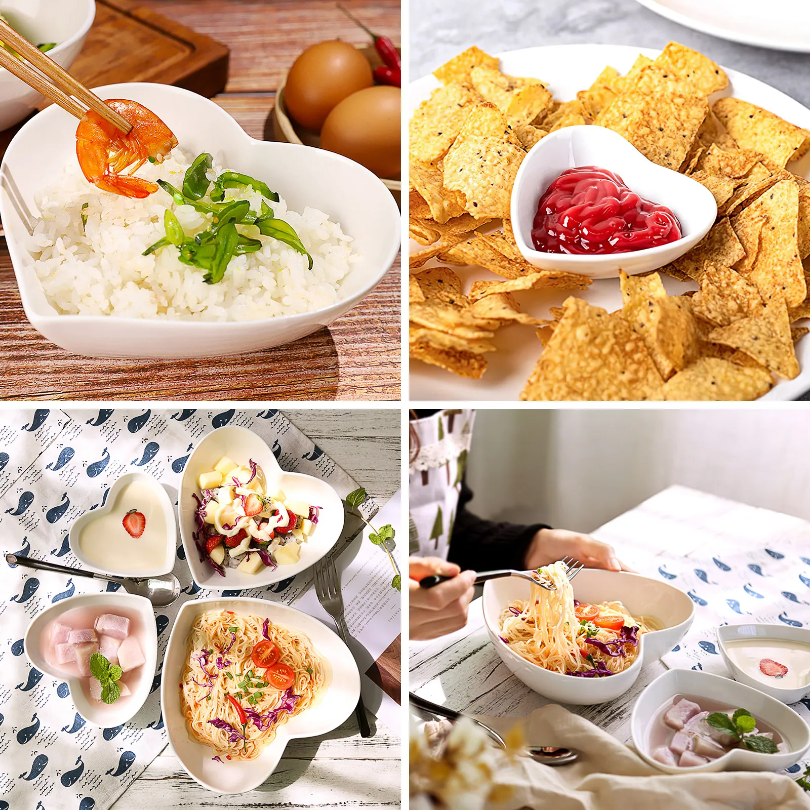 

4Pcs Heart Shaped Ceramic Bowl Set Romantic Kitchen Dining Room Use Rice Noodle Vegetable Fruit Salad Snack Mixing Serving Bowls