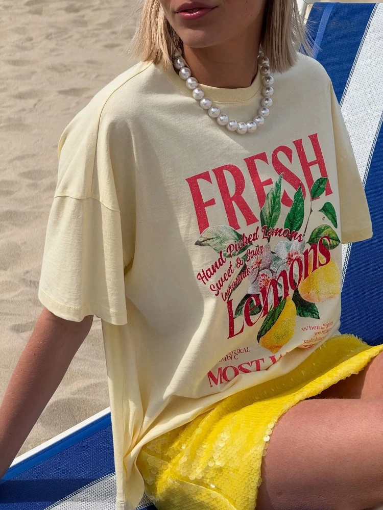 Vintage ästhetische Zitrusfrucht T-Shirt botanische Zitrone bedruckte Damen T-Shirts süße Baumwolle Grafik T-Shirts Kurzarm weibliche Tops