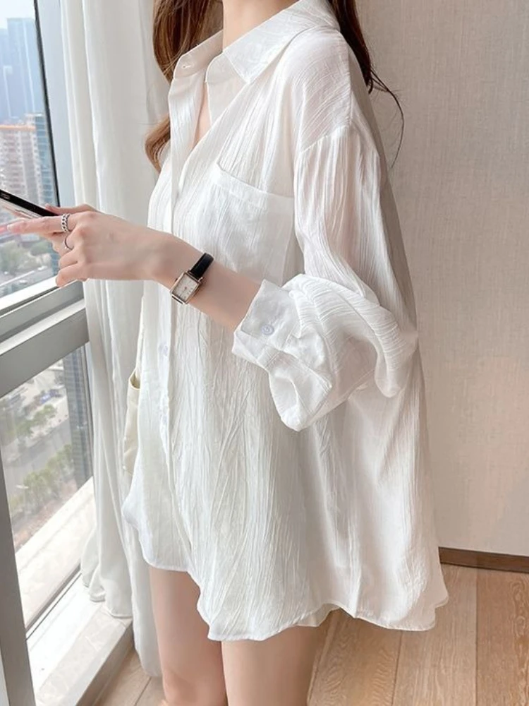 Camisas de protección solar de verano para Mujer, Blusas holgadas de estilo coreano finas que combinan con todo, Color puro, Blusas simples y elegantes para Mujer, Blusas informales elegantes