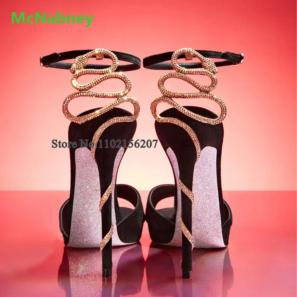

Back Snake Design Luxury Sandals For Female Women Round Toe Ankle Buckle Strap Thin High Heel Black Color Fashion Runway Shoes