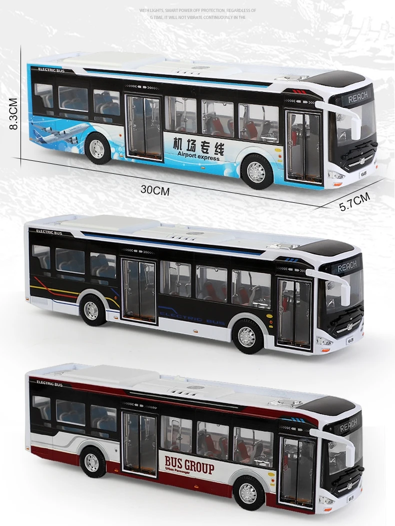 1:42 Scale Toy Bus, New Energy Electric Buses, Airport Sightseeing Metal Model Pull Back Sound & Light Collection For Boys, Kid