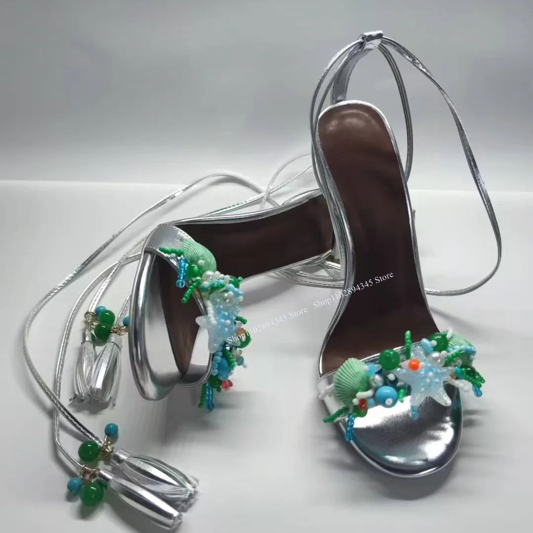 

Solid Lace Up Crystal Sandals Thin High Heel Peep Toe Fashionable Sexy Cool 2025 Summer Big Size Woman Shoes Zapatillas Mujer