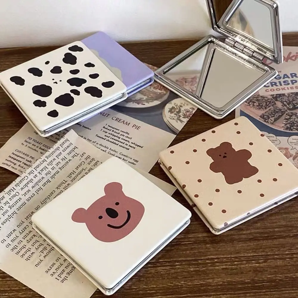 Miroir de maquillage mignon de dessin animé, petit miroir carré en forme d'ours, miroir de poche mini double face, outils cosmétiques