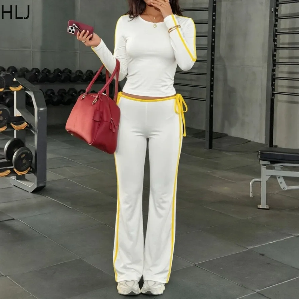 HLJ Women Striped Side 2 Piece Tracksuit Long Sleeve Crop Top and Flare Pants Set Y2K Workout Sport Matching Outfit Streetwear