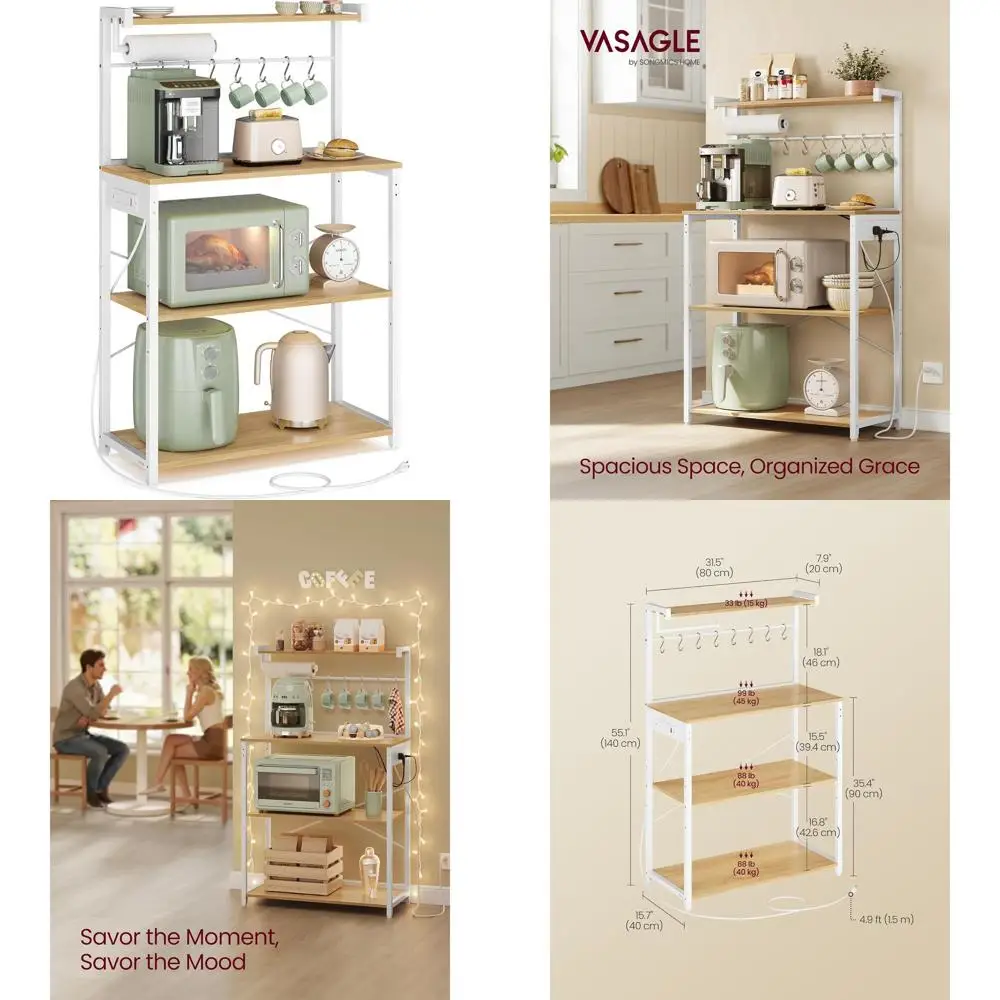

4-Tier Kitchen Baker's Rack with Power Outlet, Coffee Bar, 8 S Hooks, Microwave Stand, Adjustable Shelves, 15.7x31.5x55.1, Oak &