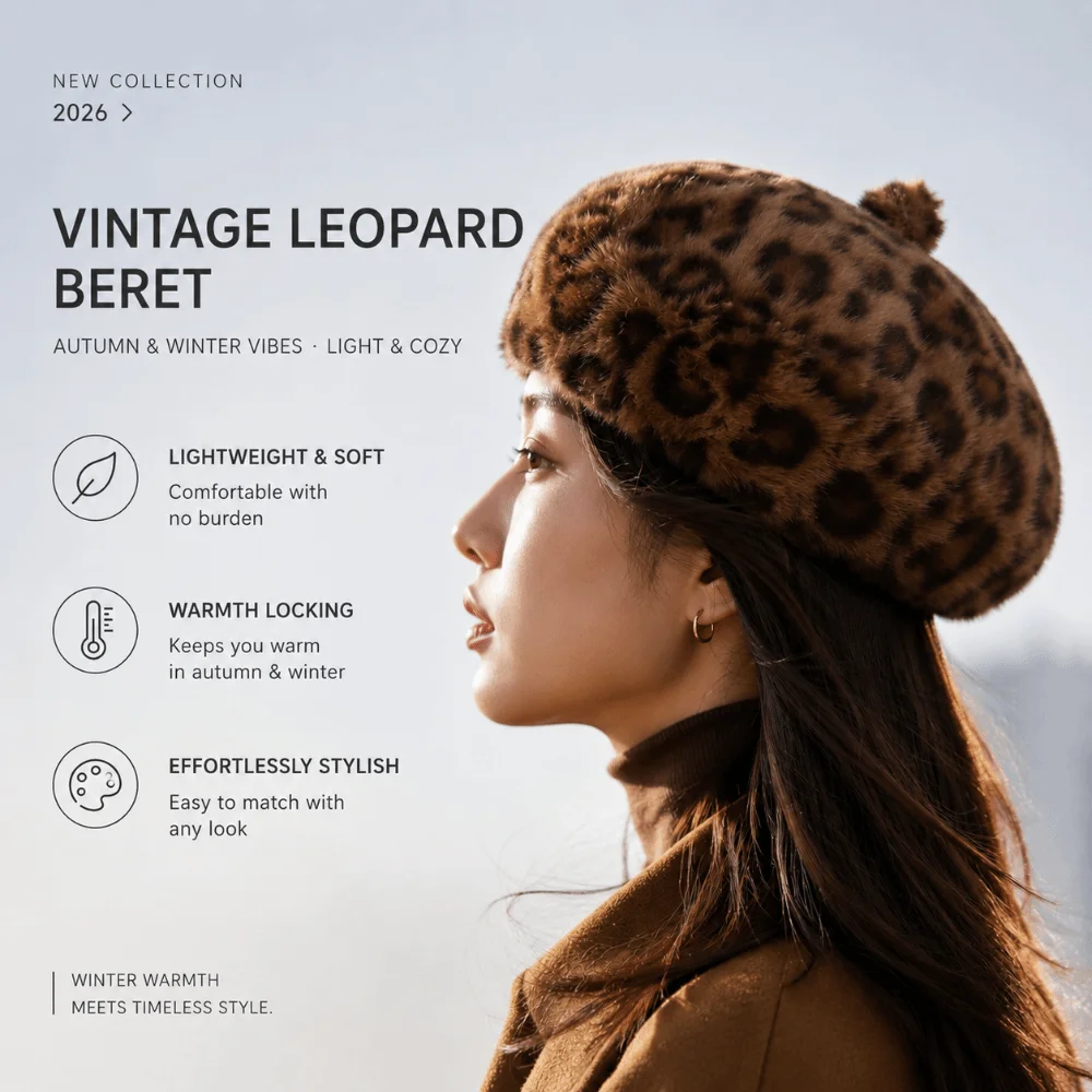 New Leopard Print Faux Rabbit Fur Beret Solid Color Flush Furry Painter Beret Hat Keep Warm Thicken Fluffy Beret Women Girl