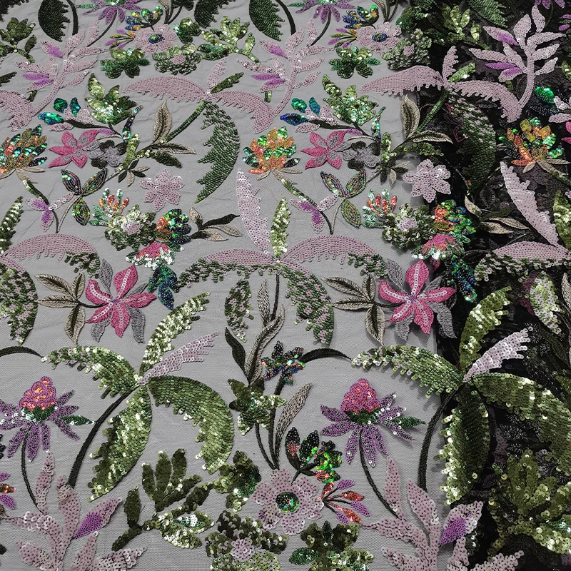 French luxurious lace fabric, African flower coconut tree sequin embroidery fabric, sewing fabric, high quality