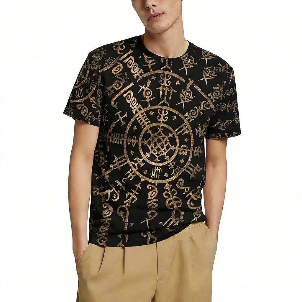 Black Gold Mystic Rune 3d Print T-Shirt Occult Vintage Norse Symbol Pattern Men Streetwear Personality Casual Short Sleeve Tops