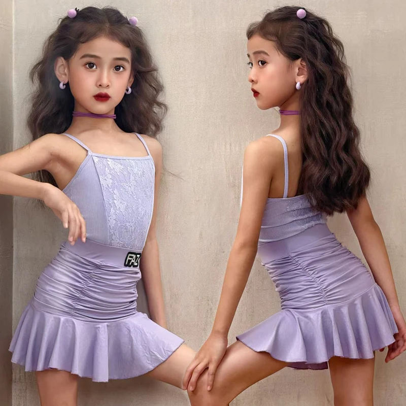 Nuevo vestido de práctica de baile latino 2025 para actuación de verano de niñas, conjunto de baile profesional y avanzado