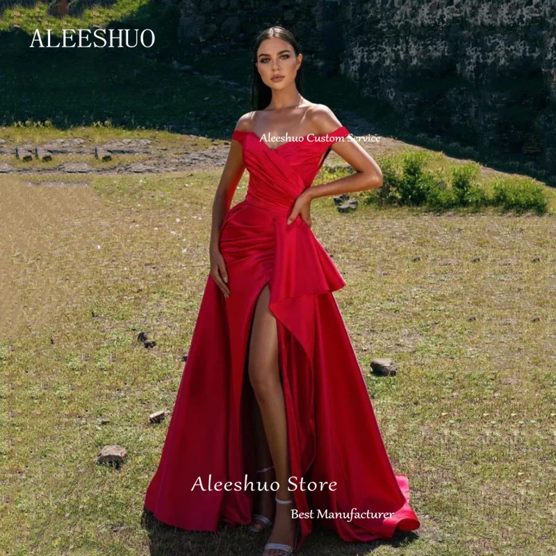 Cleeshuo-Robe de Soirée Sexy en Satin Rouge, Ligne A, Fente Latérale Haute, Plissée, Formelle