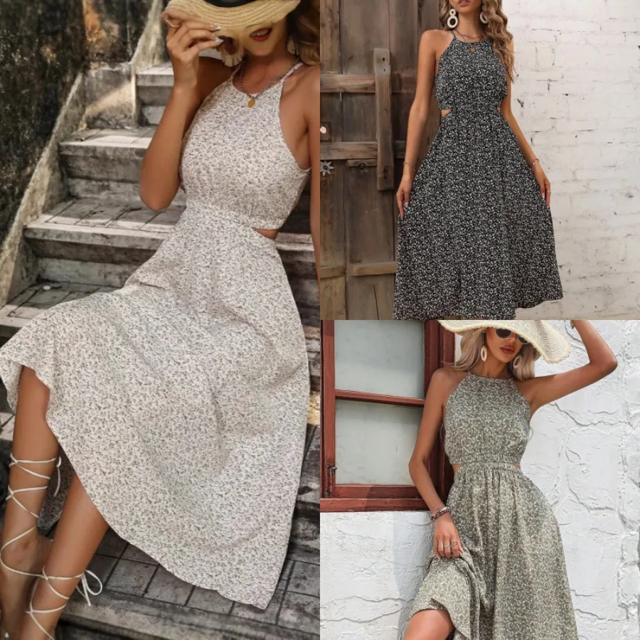 

【New style】Floral print hollowed-out waist suspender dress elegant semi-high collar sleeveless dress